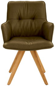 Design-Schalensessel in olivgrünem Leder mit Holzbeinen, Frontalansicht