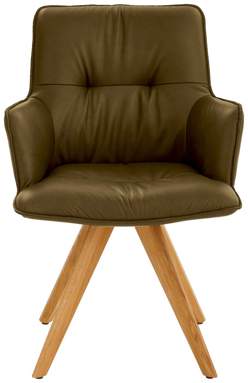 Design-Schalensessel in olivgrünem Leder mit Holzbeinen, Frontalansicht