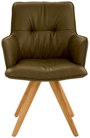 Design-Schalensessel in olivgrünem Leder mit Holzbeinen, Frontalansicht