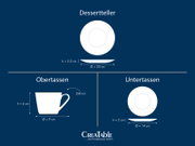 Grafische Maßskizze eines weißen Porzellan-Geschirrsets von CreaTable: Dessertteller Ø 20 cm, Höhe 2,5 cm (Draufsicht und Seitenansicht), Obertasse 200 ml, Ø 9 cm, Höhe 6 cm (Seitenansicht), Untertasse Ø 14 cm, Höhe 2 cm (Draufsicht und Seitenansicht) auf
