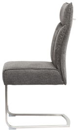 Grauer Freischwinger-Stuhl aus seitlicher Perspektive mit gepolsterter Sitzfläche und Rückenlehne sowie einem Metallgestell.