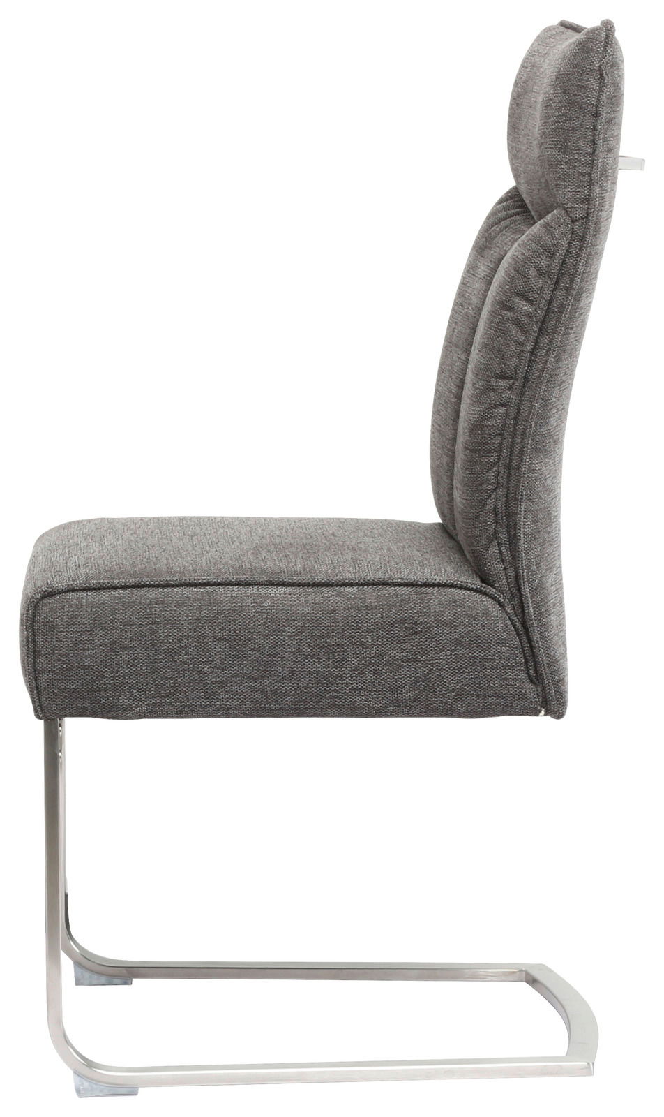 Grauer Freischwinger-Stuhl aus seitlicher Perspektive mit gepolsterter Sitzfläche und Rückenlehne sowie einem Metallgestell.