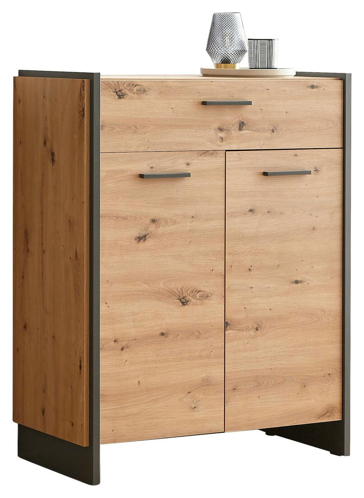 Schuhschrank aus Holz mit zwei Türen und einer Schublade, Frontansicht