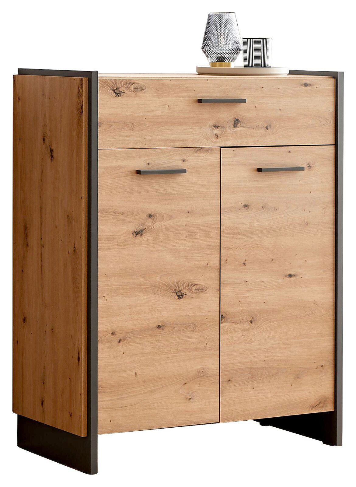 Schuhschrank aus Holz mit zwei Türen und einer Schublade, Frontansicht