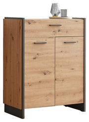 Schuhschrank aus Holz mit zwei Türen und einer Schublade, Frontansicht