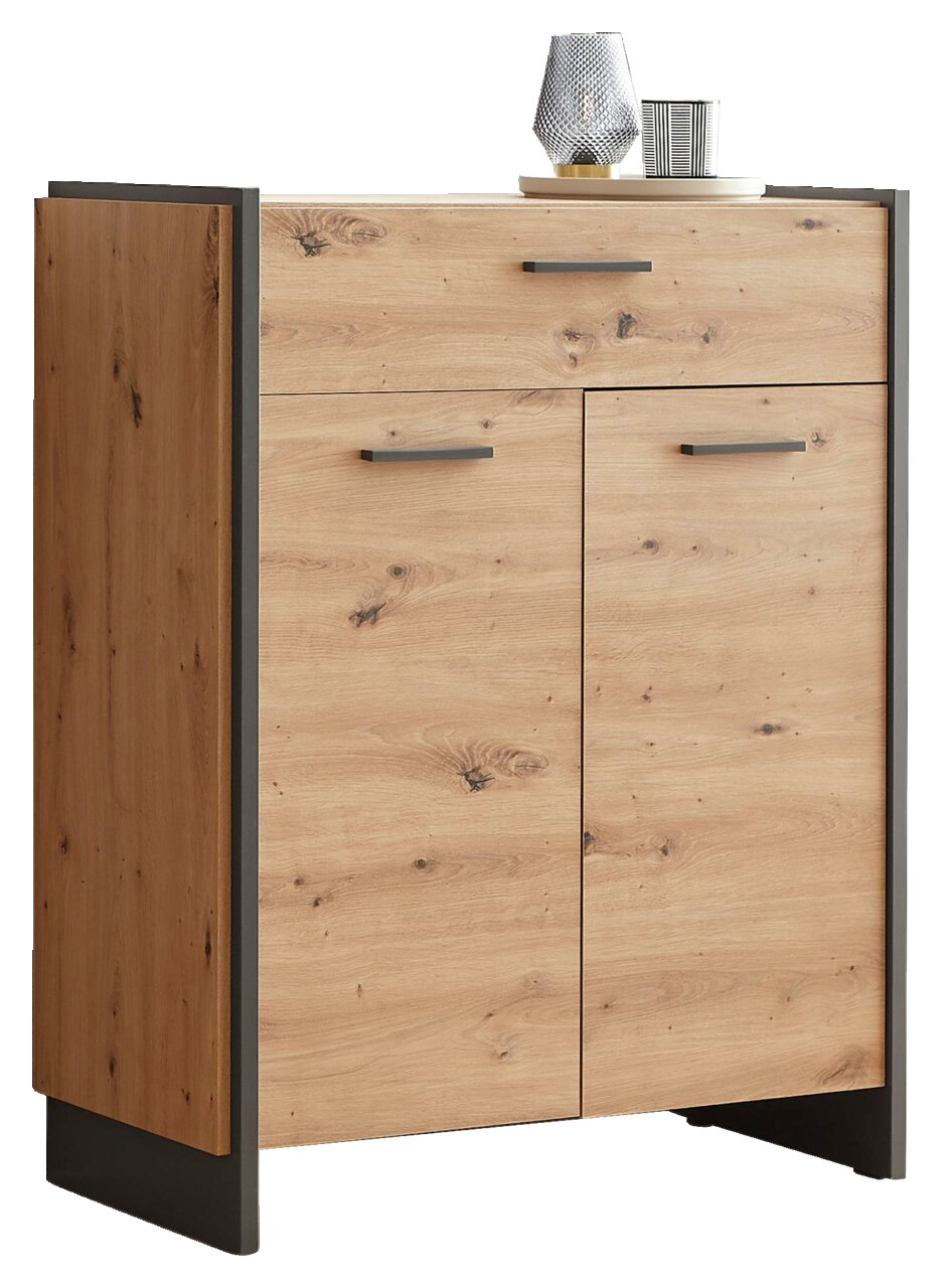 Schuhschrank aus Holz mit zwei Türen und einer Schublade, Frontansicht