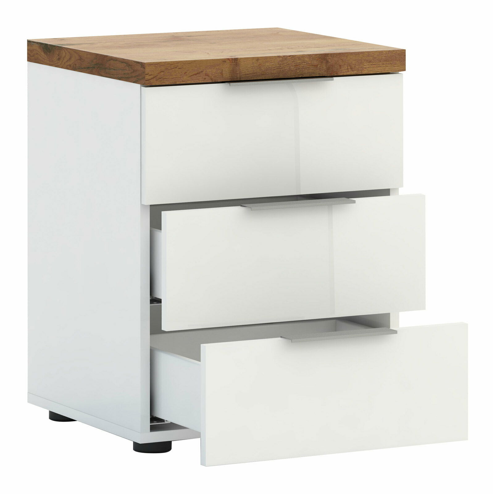 Weiße Nachtkommode mit drei offenen Schubladen und einer Holzoberfläche, seitliche Perspektive