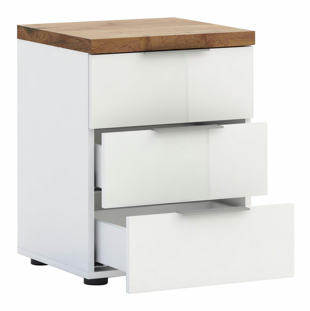 Weiße Nachtkommode mit drei offenen Schubladen und einer Holzoberfläche, seitliche Perspektive