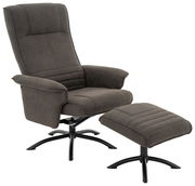 Grauer Relaxsessel mit passendem Hocker, seitliche Perspektive
