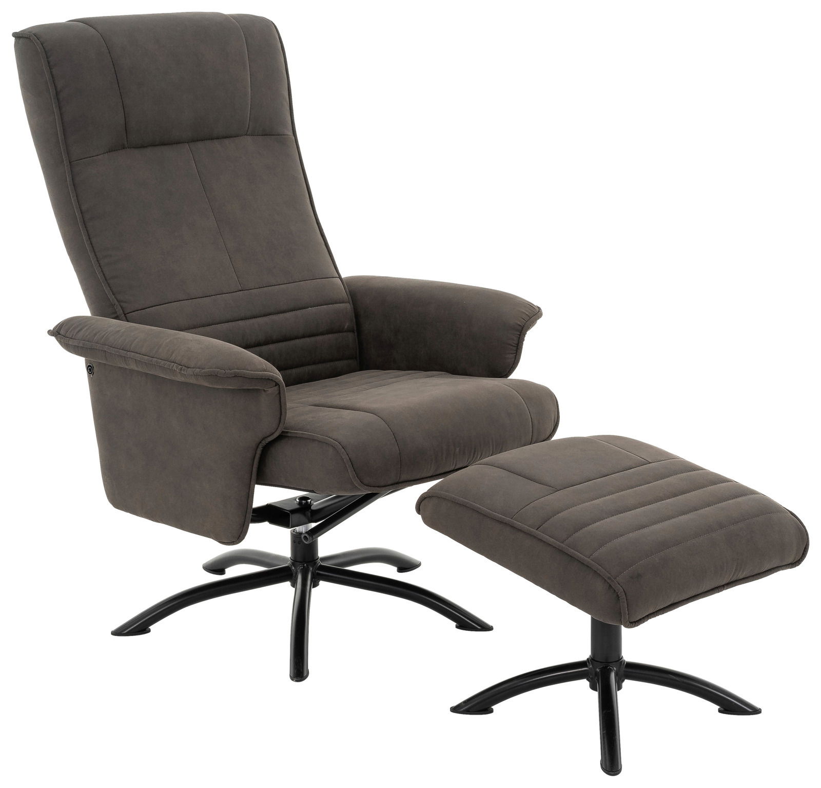 Grauer Relaxsessel mit passendem Hocker, seitliche Perspektive