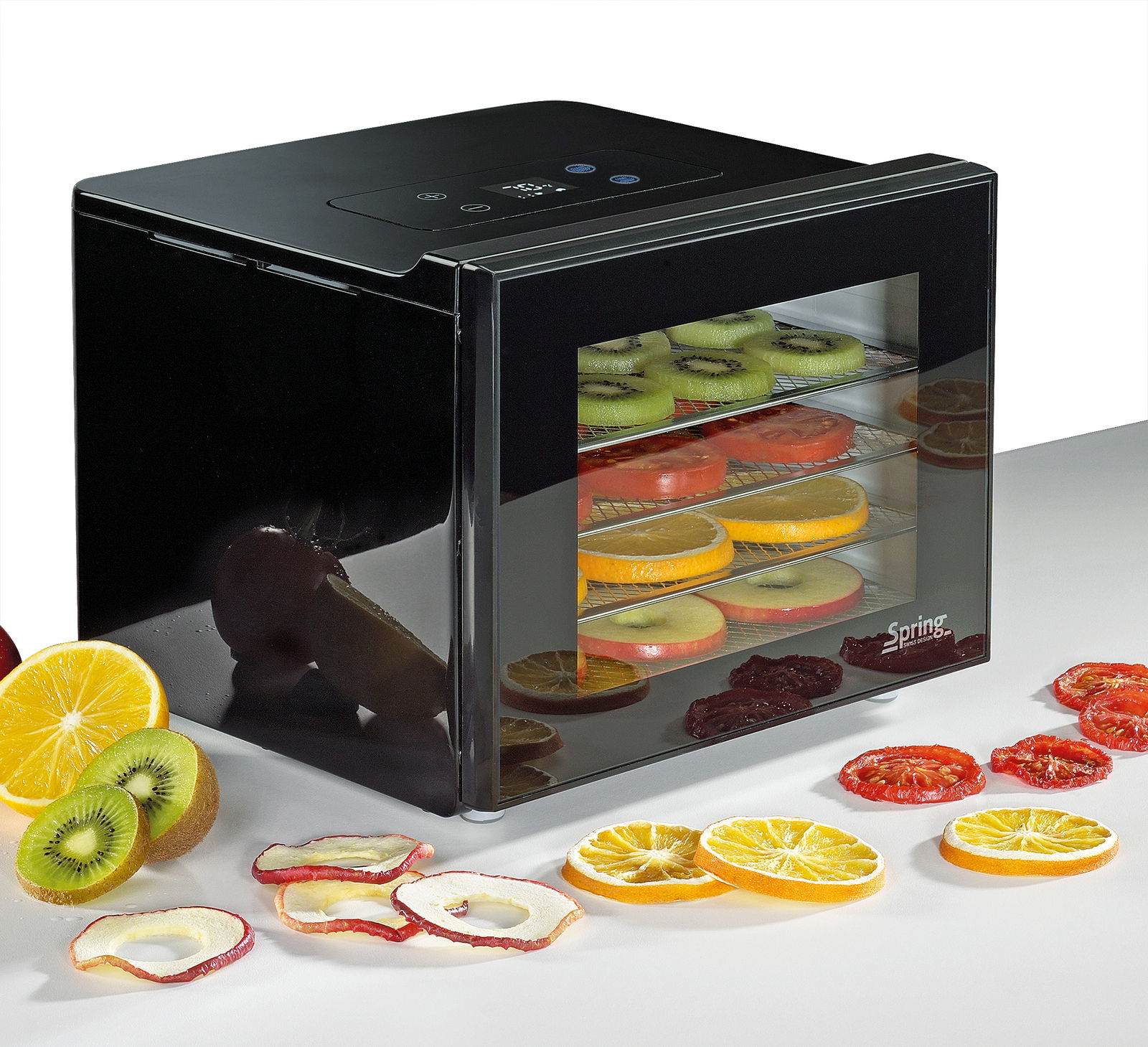 Dörrautomat Basic Elektro Line in schwarzem Design, gefüllt mit verschiedenen Obstscheiben, seitliche Perspektive