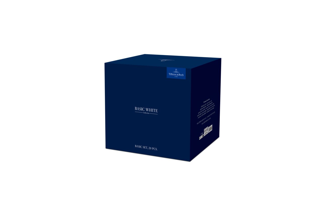 Verpackung des Kombiservice Basic White 20-teilig, blaue Box mit Aufschrift, perspektivische Ansicht von vorne rechts