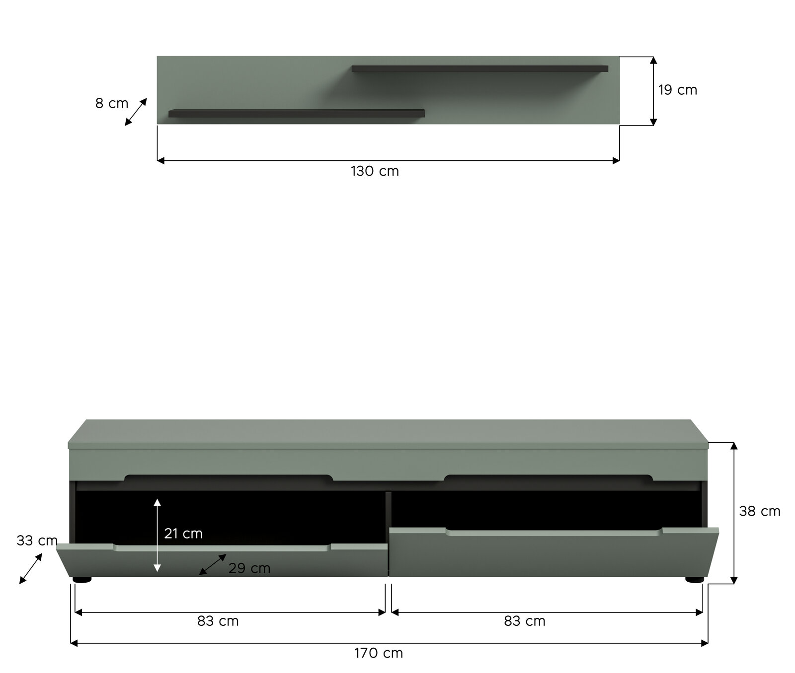 Technische Frontansicht eines TV-Lowboards in Grau mit zwei Schubladen und Maßangaben (Breite 170 cm, Höhe 38 cm, Tiefe 33 cm) sowie Draufsicht eines passenden Wandregals (Breite 130 cm, Höhe 19 cm, Tiefe 8 cm).