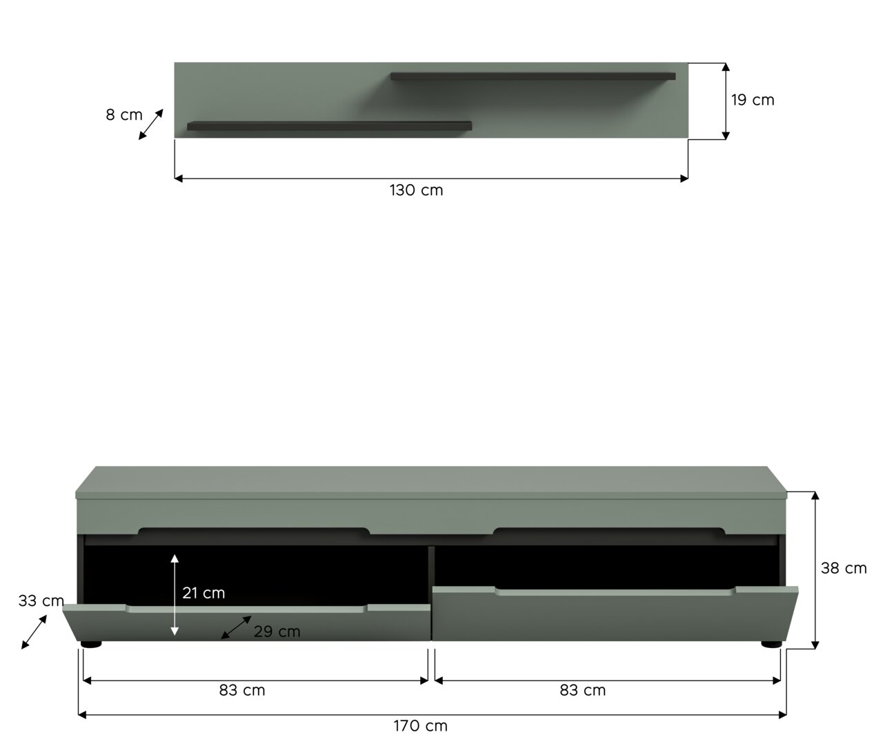Technische Frontansicht eines TV-Lowboards in Grau mit zwei Schubladen und Maßangaben (Breite 170 cm, Höhe 38 cm, Tiefe 33 cm) sowie Draufsicht eines passenden Wandregals (Breite 130 cm, Höhe 19 cm, Tiefe 8 cm).