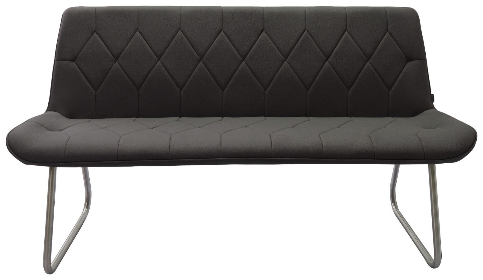 Moderne schwarze Bank mit gestepptem Muster und Metallbeinen, Frontalansicht