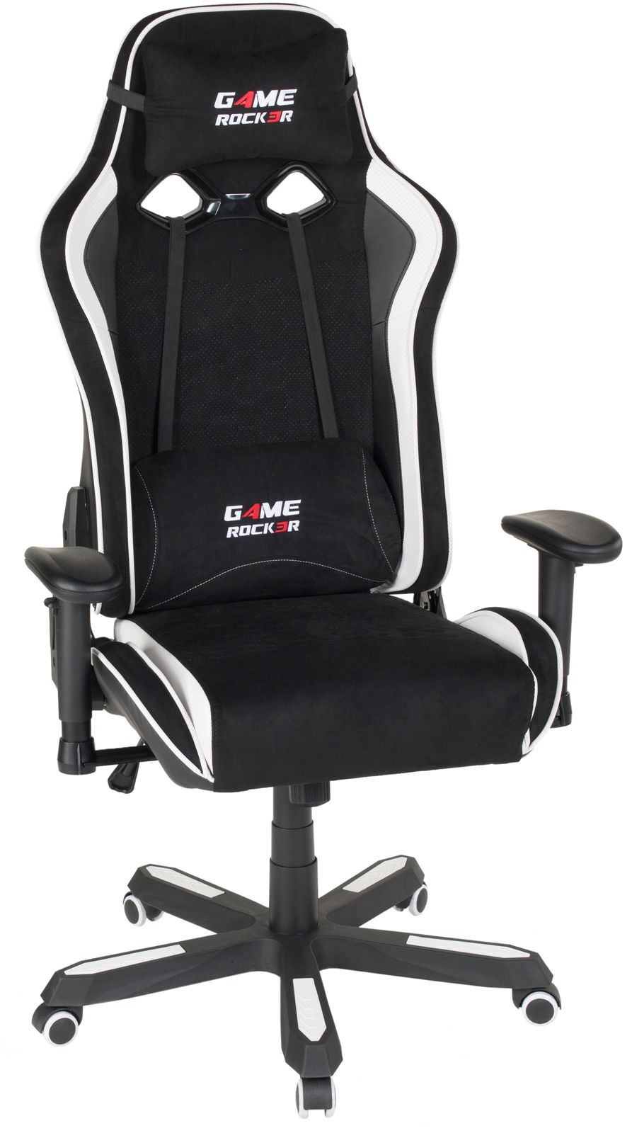 Game-Rocker Gaming Stuhl GAME-ROCKER Schwarzer Gaming Stuhl mit weißen Akzenten, Vorderansicht