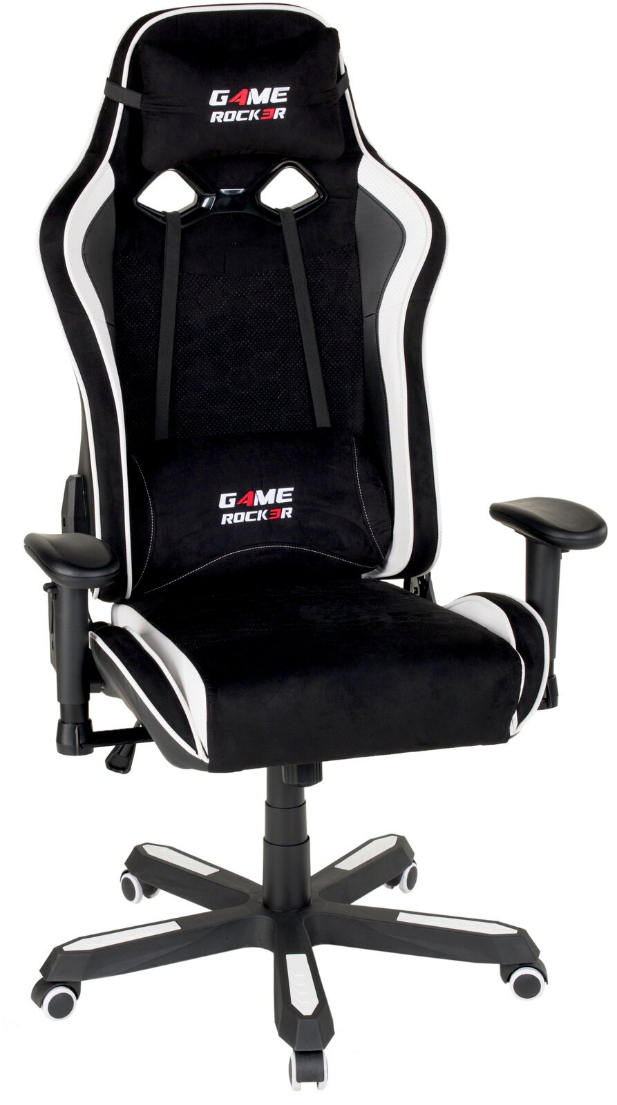 Game-Rocker Gaming Stuhl GAME-ROCKER Schwarzer Gaming Stuhl mit weißen Akzenten, Vorderansicht