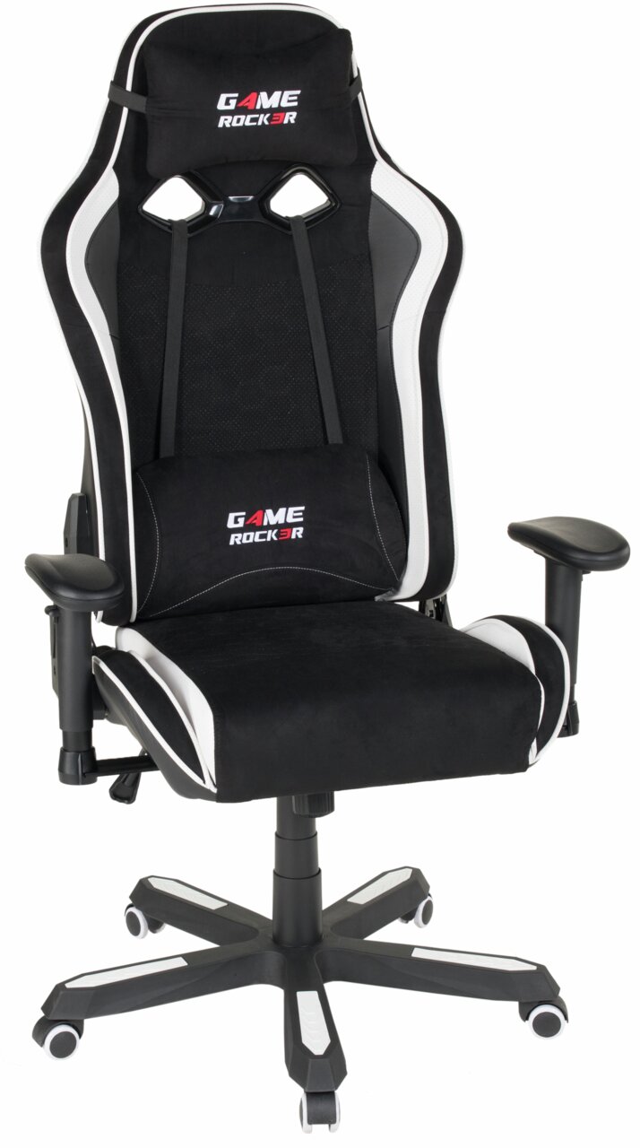 Schwarzer Gaming Stuhl mit weißen Akzenten, Vorderansicht