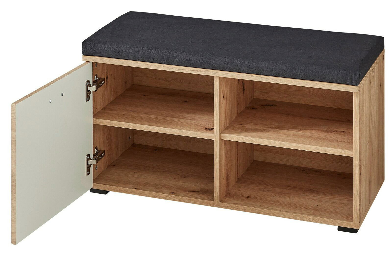 Garderobenbank aus Holz mit schwarzem Sitzpolster, offene Fächer und eine geöffnete Tür, Perspektive von vorne