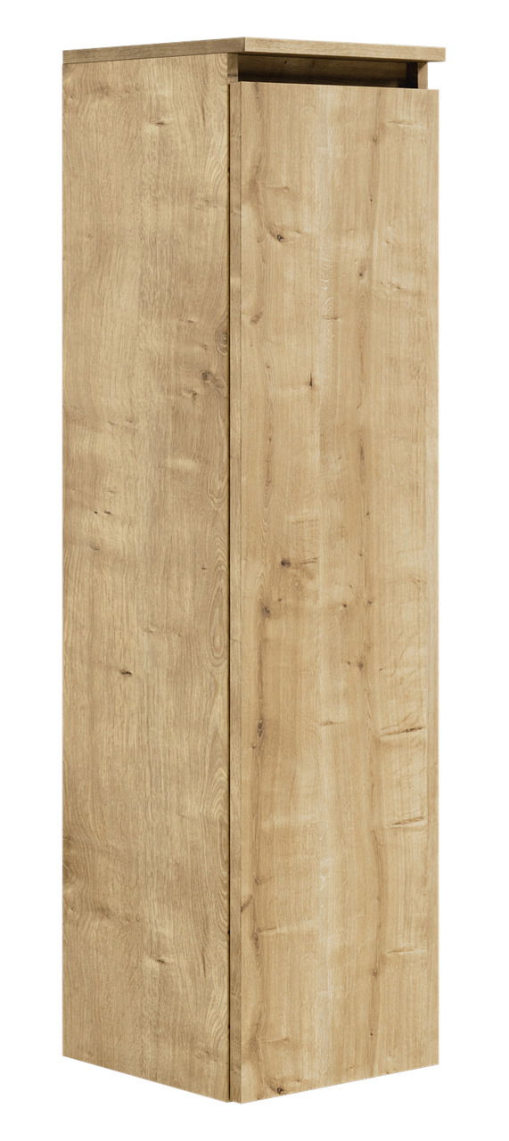 Hochschrank aus Holz in Eichenoptik, seitliche Perspektive