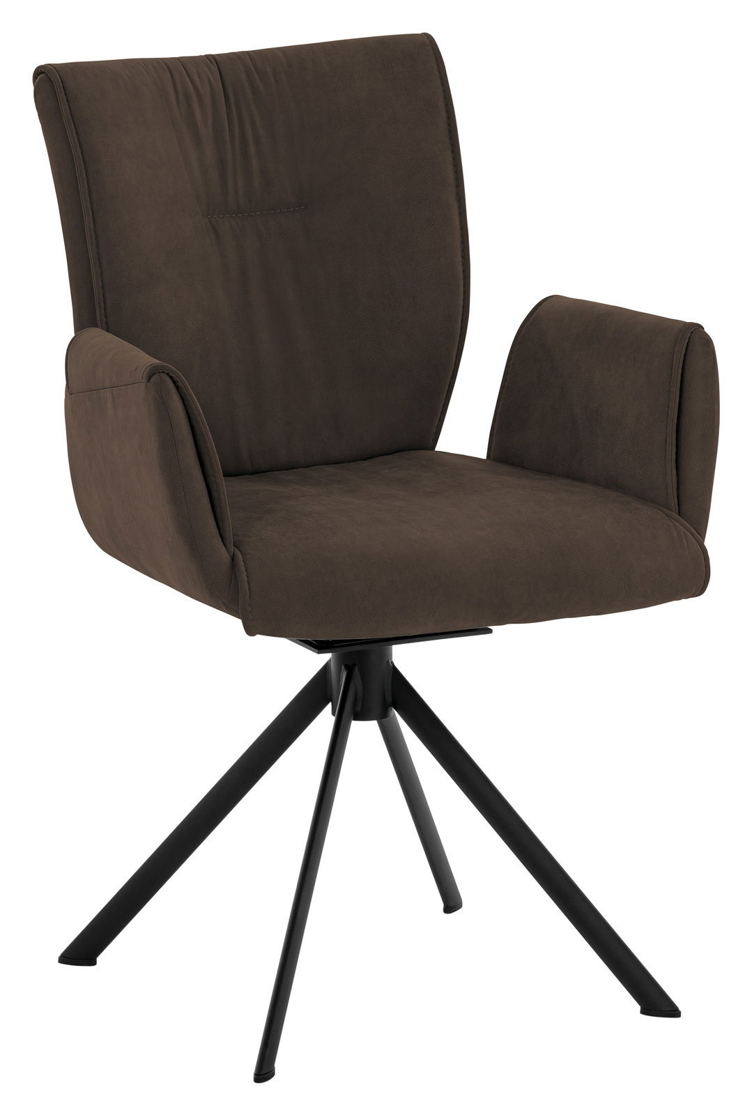 Moderner brauner Sessel mit schwarzem Metallgestell, seitliche Perspektive
