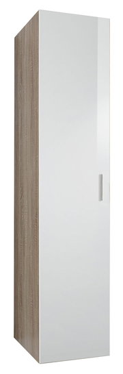Moderner Kleiderschrank mit einer Tür in Holzoptik und weißer Front, seitliche Perspektive