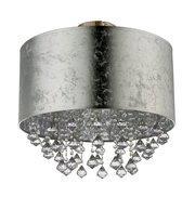 Silberne Deckenleuchte mit Kristallanhängern, seitliche Perspektive