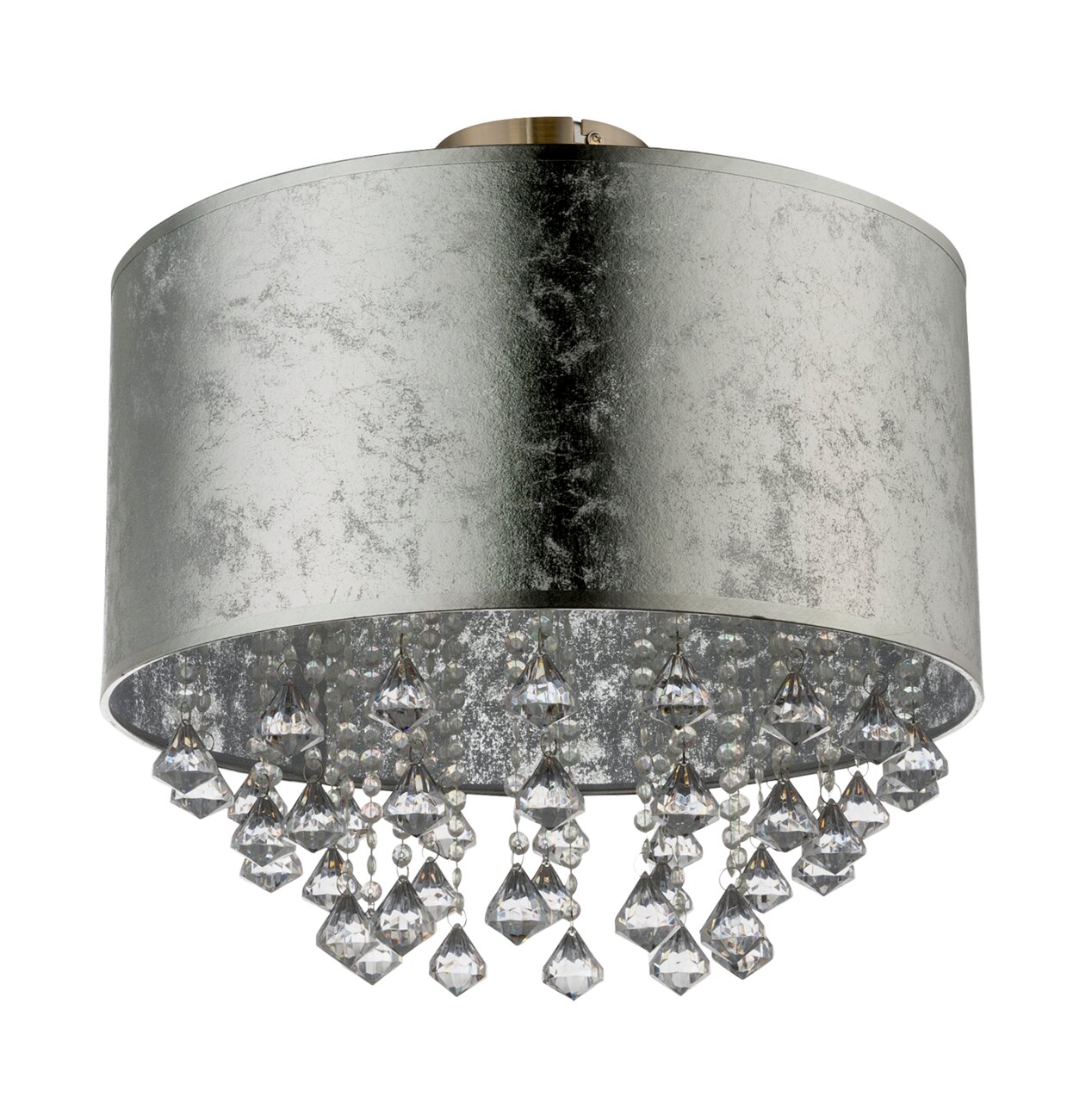 Silberne Deckenleuchte mit Kristallanhängern, seitliche Perspektive