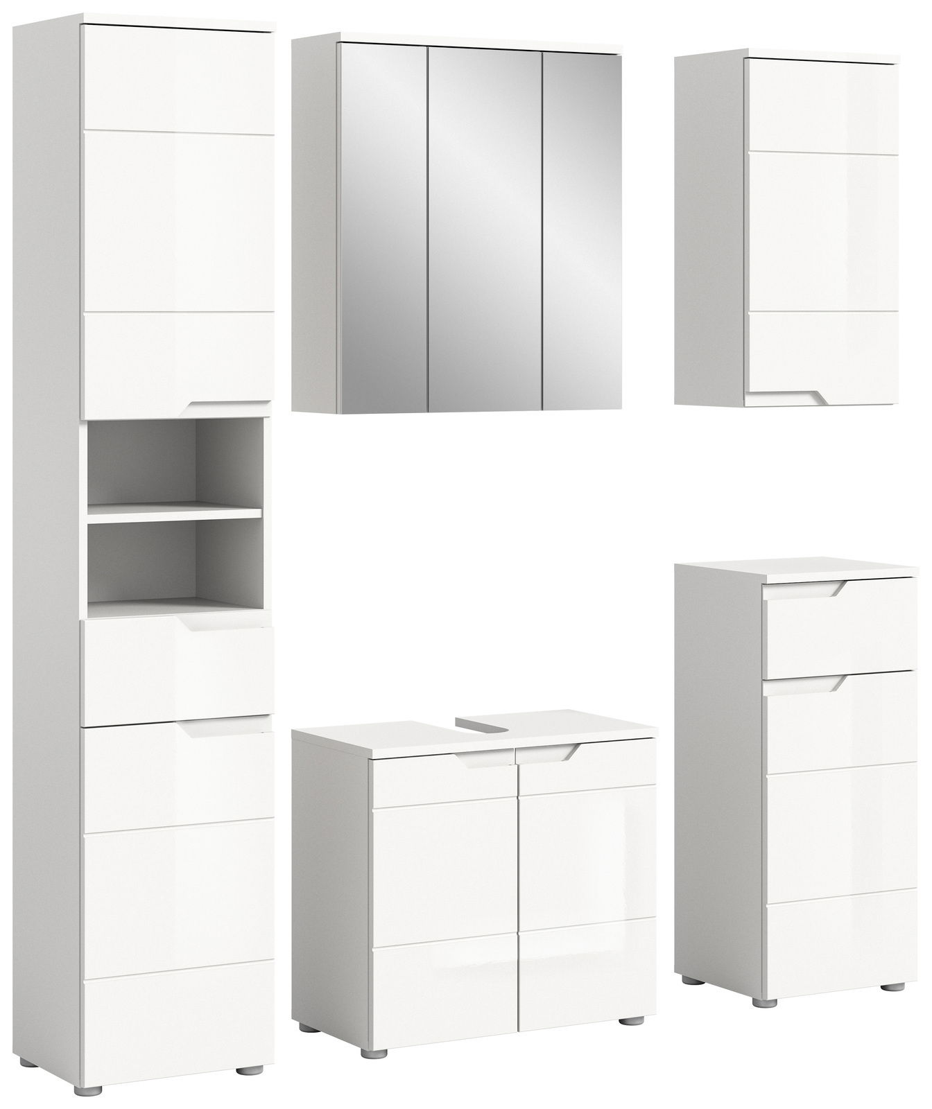 Moderne weiße Badkombination bestehend aus einem hohen Schrank, einem Spiegelschrank, einem kleineren Schrank und einem Waschbeckenunterschrank, frontal betrachtet.