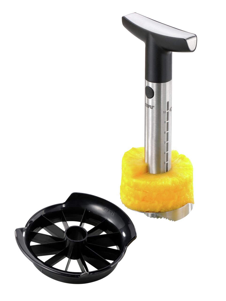 Ananasschneider Professional aus Edelstahl mit ergonomischem Griff und schwarzem Kunststoff-Schneider, seitliche Perspektive.