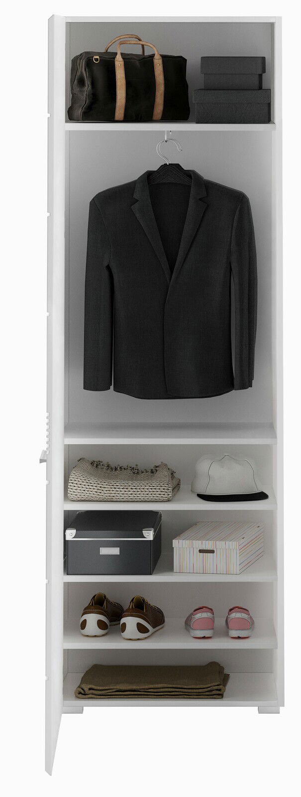 Weiße Garderobenkombination mit mehreren Fächern, die von vorne gezeigt wird. Oben eine schwarze Tasche und Boxen, darunter ein schwarzer Anzug, gefolgt von gefalteten Kleidungsstücken, einer Kappe, Schuhen und weiteren Boxen.