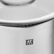 Nahaufnahme eines Edelstahltopfs mit Deckel, Teil eines 5-teiligen Topfsets True Flow, mit sichtbarem Markenlogo.