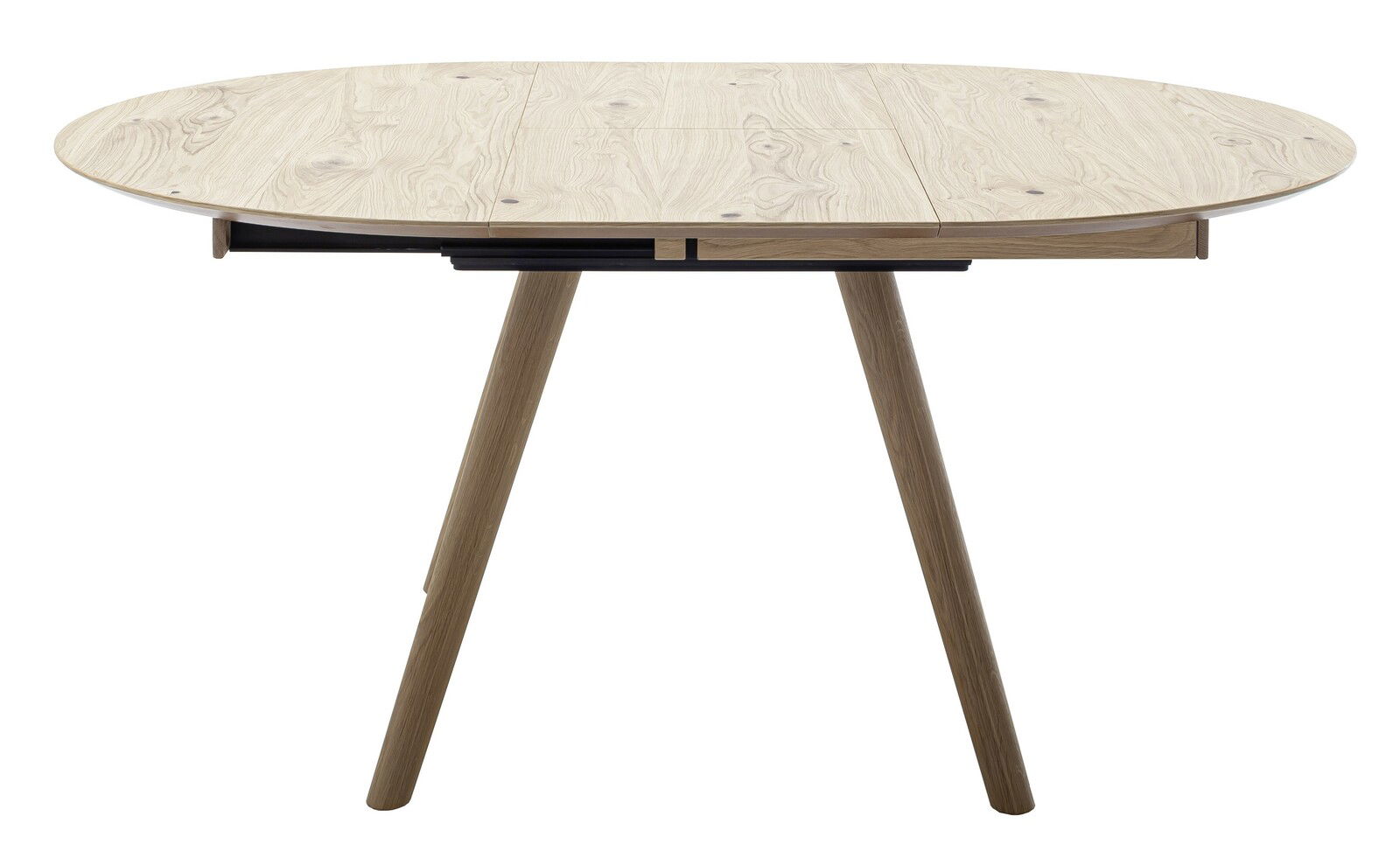 Runder Esstisch aus hellem Holz mit schrägen Beinen, seitliche Perspektive