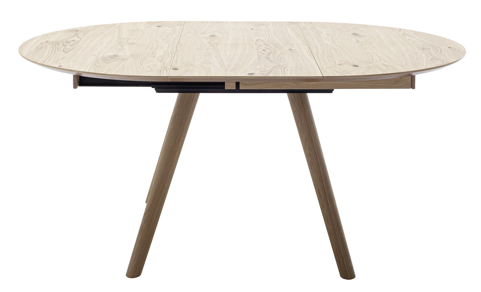 Runder Esstisch aus hellem Holz mit schrägen Beinen, seitliche Perspektive