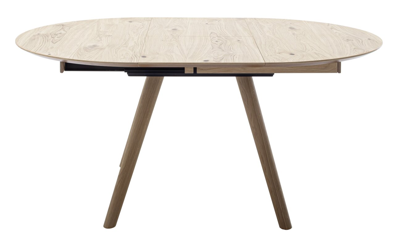 Runder Esstisch aus hellem Holz mit schrägen Beinen, seitliche Perspektive