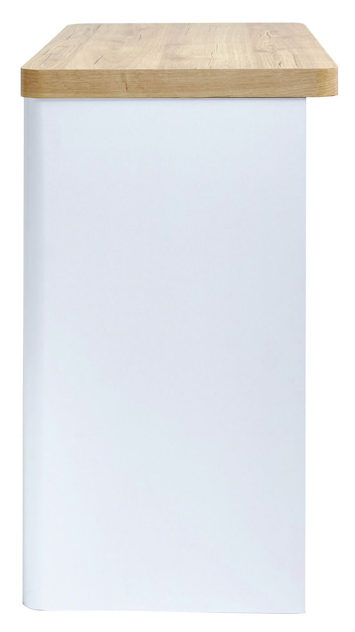 Seitenansicht eines Schreibtisches mit weißem Korpus und heller Holzplatte