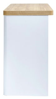 Seitenansicht eines Schreibtisches mit weißem Korpus und heller Holzplatte