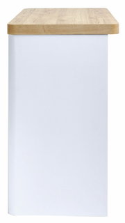 Seitenansicht eines Schreibtisches mit weißem Korpus und heller Holzplatte