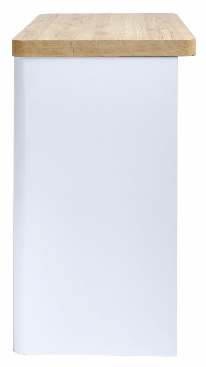 Seitenansicht eines Schreibtisches mit weißem Korpus und heller Holzplatte