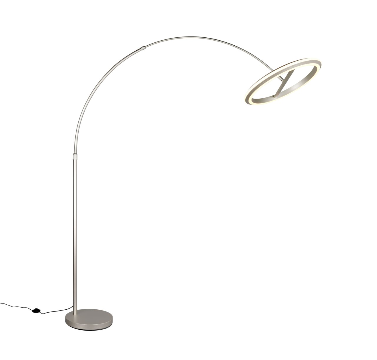 Trio Leuchten LED-Bogenleuchte AMADOR Moderne LED-Bogenleuchte in seitlicher Perspektive mit rundem Leuchtkopf und schlankem, gebogenem Ständer.