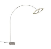 Moderne LED-Bogenleuchte in seitlicher Perspektive mit rundem Leuchtkopf und schlankem, gebogenem Ständer.
