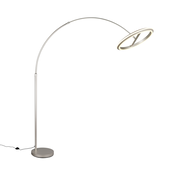 Moderne LED-Bogenleuchte in seitlicher Perspektive mit rundem Leuchtkopf und schlankem, gebogenem Ständer.