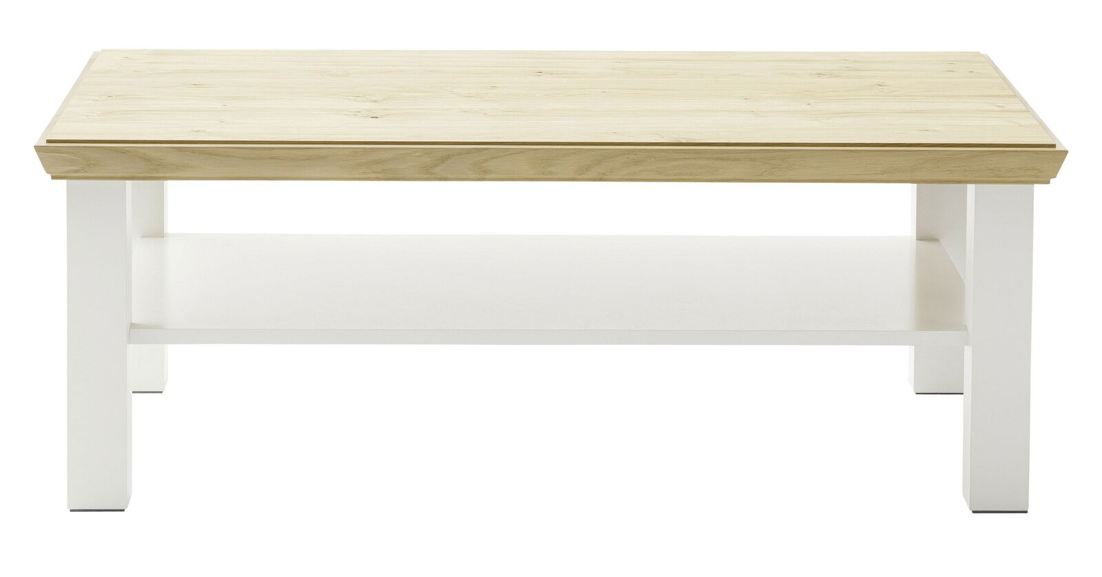 Moderner Couchtisch mit heller Holzplatte und weißem Gestell, frontal betrachtet.