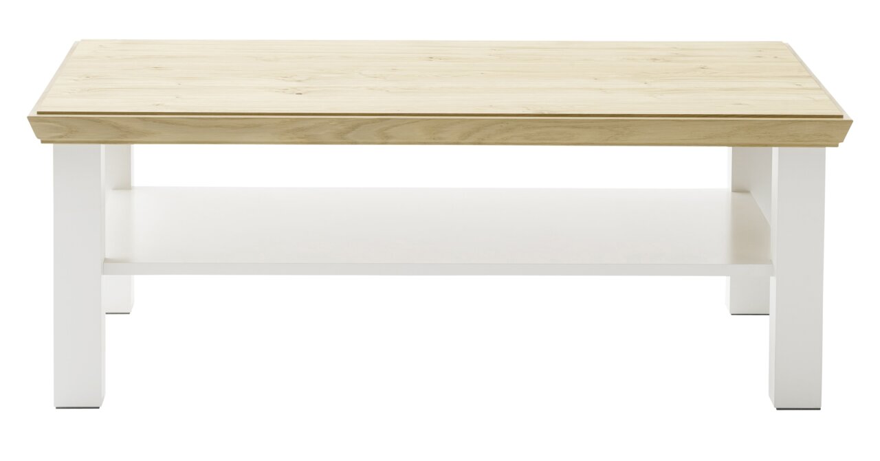 Moderne salontafel met een lichtgekleurd houten blad en een wit onderstel, gezien vanaf de voorkant.