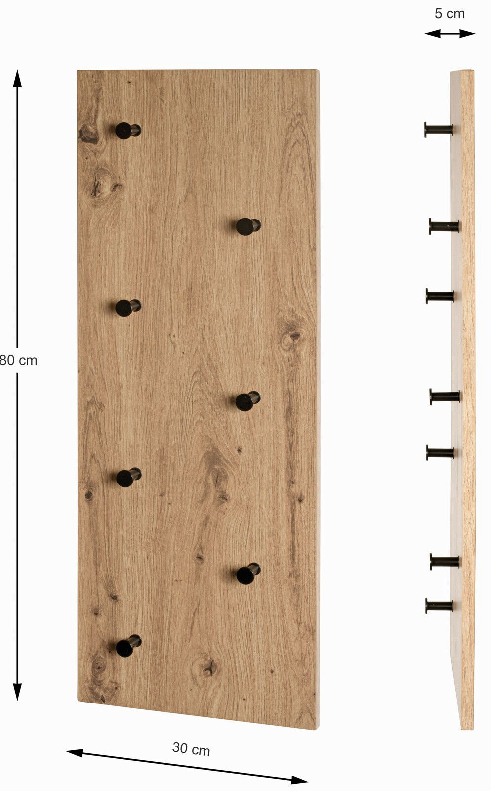 Wandgarderobe aus Holz mit sechs schwarzen Haken, Vorder- und Seitenansicht