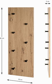 Wandgarderobe aus Holz mit sechs schwarzen Haken, Vorder- und Seitenansicht
