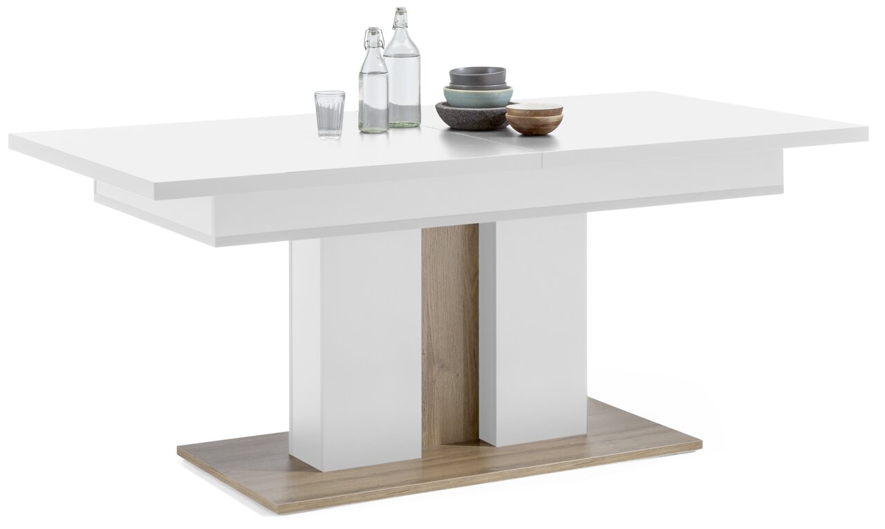 Set one by Musterring Esstisch TACOMA Moderner, ausziehbarer Esstisch in Weiß mit Holzdetails, seitliche Perspektive