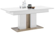 Moderner, ausziehbarer Esstisch in Weiß mit Holzdetails, seitliche Perspektive