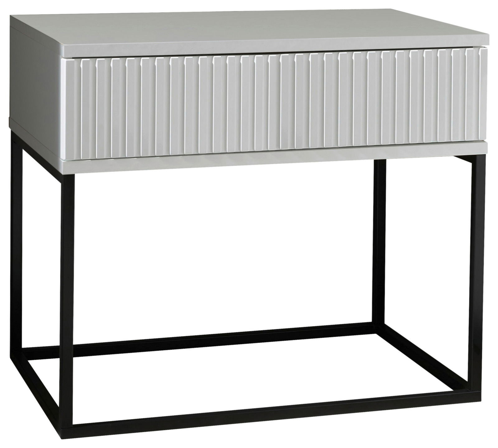Z2 Nachtkommode MARLE Moderne Nachtkommode mit geriffelter Front und schwarzem Metallgestell, seitliche Perspektive