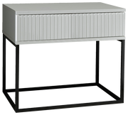 Moderne Nachtkommode mit geriffelter Front und schwarzem Metallgestell, seitliche Perspektive